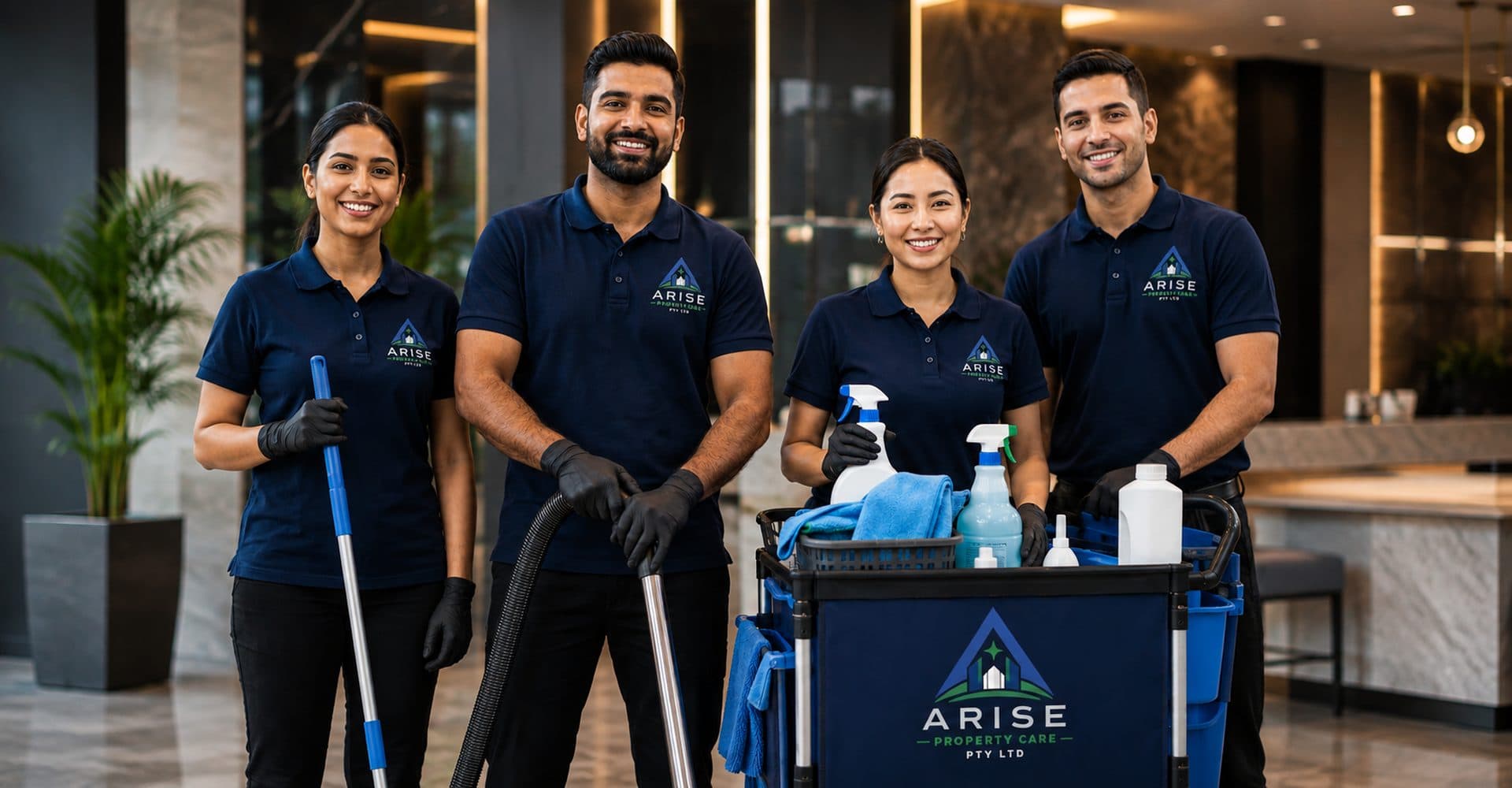 The Arise Property Care team with their cleaning cart in a Sydney building lobby